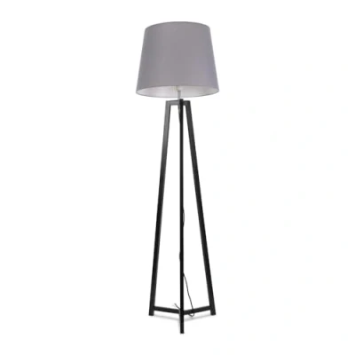 Image of Black Wood Tripod Floor Lamp with Grey Tapered Fabric Lampshade Living Room Light
