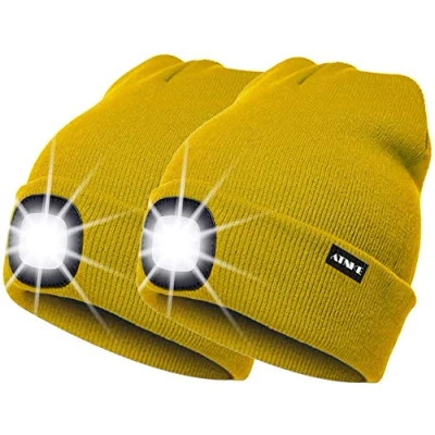 Image of ATNKE 2Pcs New Warm LED Lighted Beanie Cap Unisex USB Rechargeable Running Hat Ultra Bright 4 Waterproof Light Lamp Multi color/Yellow