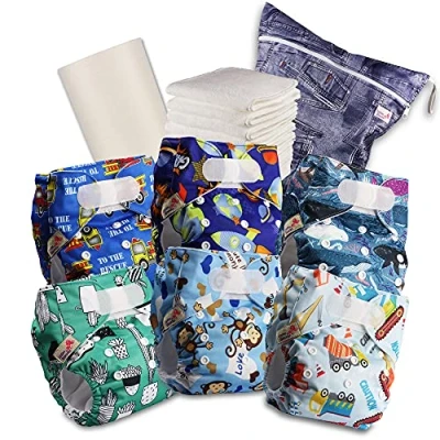Image of Littles &amp; Bloomz Baby Reusable Nappy Cloth Pocket Diaper, Standard Hook and Loop, 6 Nappies + Inserts, 1 Disposable Bamboo Liner, Wet Bag, 605VM6