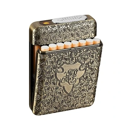 Image of Cigarette Case with USB Lighter 16 pcs 84mm Regular/King Size Cigarettes Electric Rechargeable Flameless Windproof Lighters (Bronze)
