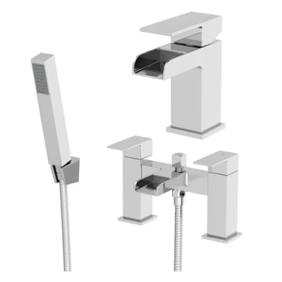 Image of Architeckt® Dakota Bathroom Waterfall Bath Shower Mixer Tap and Basin Set Deck Mounted Square Twin Lever Handle Modern, Chrome