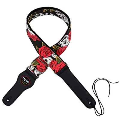 Image of Rayzm Guitar Strap/Bass Strap, Cotton Belt for Acoustic/Electric/Bass with Plectrum Picks Pocket, Beautiful Rose Cool Skull Pattern, 5cm Wide,Metal Buckle, Adjustable Length