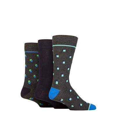 Image of Mens 3 Pair SOCKSHOP Wildfeet Patterned Spots and Stripes Bamboo Socks Square Charcoal 7 11