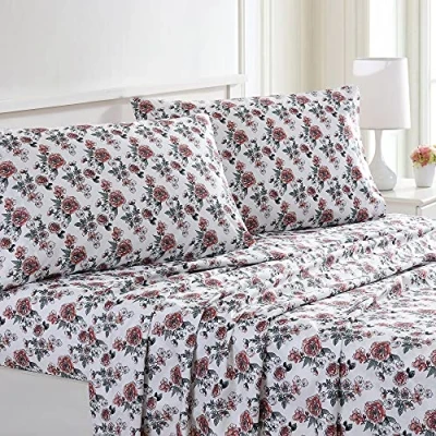 Image of Modern Threads Printed 3 Piece Extra Soft Bedding Sheets &amp; Pillowcase Set, Deep Pocket up to 16 inch Mattress Rose Bloom Twin