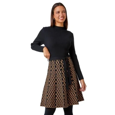 Image of Roman Originals Ribbed Jumper Dress for Women UK with Contrast Panelled Skirt Ladies Everyday Autumn Winter High Neckline Comfy Soft Evening Vacation Work Party Night Out Camel Size 16