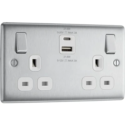 Image of BG Nexus Metal Brushed Steel, 13A Double Switched Socket with USB A + C 22W, White Inserts