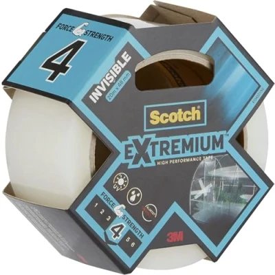 Image of Scotch Extremium Invisible, High performance Duct Tape 20 m x 48 mm, Transparent Extra Strong Adhesive, Ideal For all Discreet Repairs, Glass and Plastic, No Yellowing, Water UV Resistant