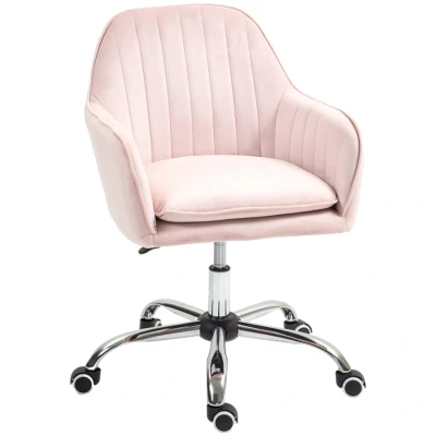 Image of HOMCOM Office Chair, Swivel Desk Velvet Feel Fabric Vanity Chair with Adjustable Height and Rolling Wheels for Home Work Study, Pink