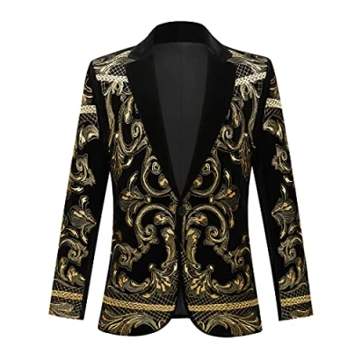 Image of PYJTRL Mens Stylish Court Prince Black Velvet Gold Embroidery Blazer Suit Jacket (Gold, XXL)