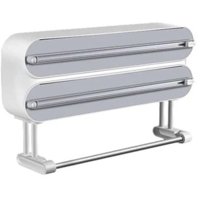 Image of Cling Film Dispenser with Cutter, 3 in 1 Kitchen Roll Holder Wall Mounted Refillable Aluminum Tin Foil Paper Towel