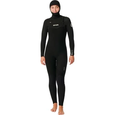 Image of RIP CURL Womens Dawn Patrol 5/4mm Chest Zip Hooded Wetsuit Black Lightweight Flash Lining