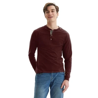 Image of Hanes Men&#039;s T Beefyt Henley Cotton Long Sleeve Shirts, Mulled Berry, S