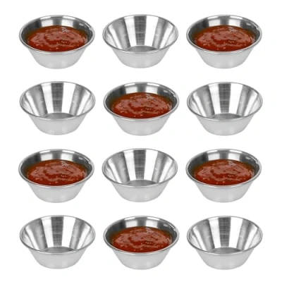 Image of 12 Pack Stainless Steel Condiment Sauce Ramekin Cups 2.5 oz Perfect for Dipping and Portion Control