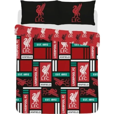 Image of Liverpool fc football duvet cover sets Reversible bedding single double king size bed set with pillowcases lfc Block Pattern gifts for boy (LFC Print, Double)