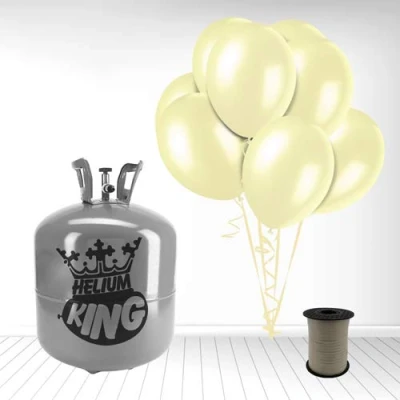 Image of Disposable Helium Gas Cylinder with 50 Ivory Balloons and Curling Ribbon included