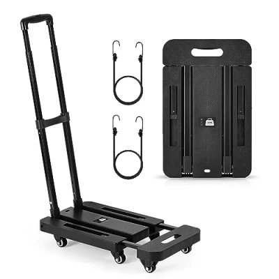 Image of Marketero Folding Hand Truck Heavy Duty 200KG Capacity Moving Dolly Trolley on Wheels with 2 Elastic Ropes Platform Flatbed for Home Office Camping Travel Garden Black