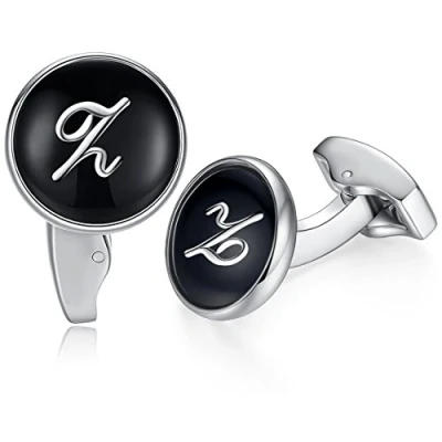 Image of Honey Bear Initial Alphabet Letter Cufflinks for Men, Black Round Shape Stainless Steel Wedding Business A Z (Z)