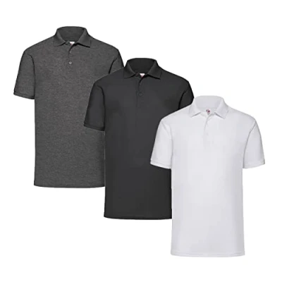 Image of Fruit of the Loom Men&#039;s polo shirt (pack 3), 1 x white + black dark heather Hl purchase notepad, M