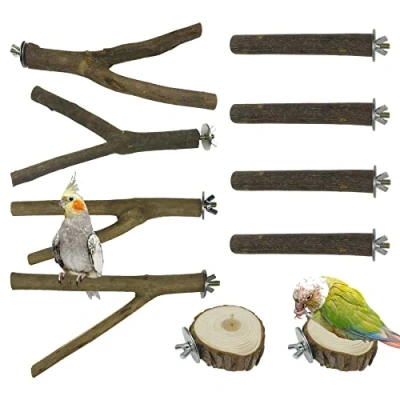 Image of Allazone 10 PCS Natural Wood Bird Perch Stand, Parrot Stand Set, Wooden Platform Cage Accessories for Parrotlets Cockatiels Budgies Parakeets