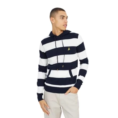 Image of BRAVE SOUL Mens Knitted Hooded 100% Cotton Pullover Stripe Jumper Hoodie Casual Top Navy Blue L