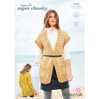 Image of Stylecraft 9888 Adult Super Chunky Waistcoat Cardigan Knitting Pattern