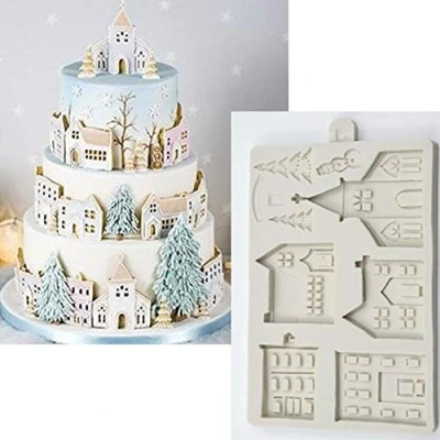 Image of AXspeed 3D Christmas Silicone Cake Mold Xmas Tree House Fondant Mould Chocolate Pastry Baking Decorating Tools