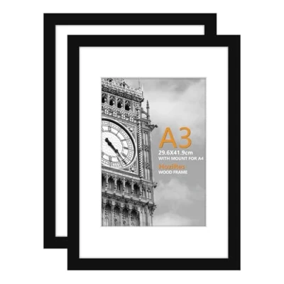 Image of HoziRes A3 Black Picture Frame, Wooden Photo Frames Frame with Mount, Set of 2 for Tabletop and Wall Mounting, 27 x 40cm Poster Printing