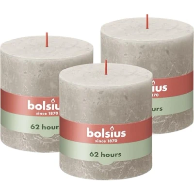Image of Bolsius Rustic Pillar Candle XXL Light Grey Pack of 3 Long Burning Time 62 Hours Household Interior Decoration Unscented Includes Natural Vegan Wax No Palm Oil 10 x cm