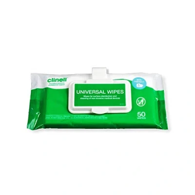 Image of Clinell Universal Cleaning and Surface Disinfection Wipes Multi Purpose Pack of 50 Clip Kills 99.99% Germs, Effective from 30 Seconds