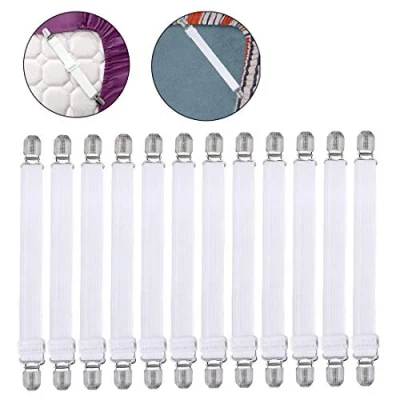 Image of 12Pcs Bed Sheet Grippers, Adjustable Holder Straps Fasteners Elastic Cross Clips (White)