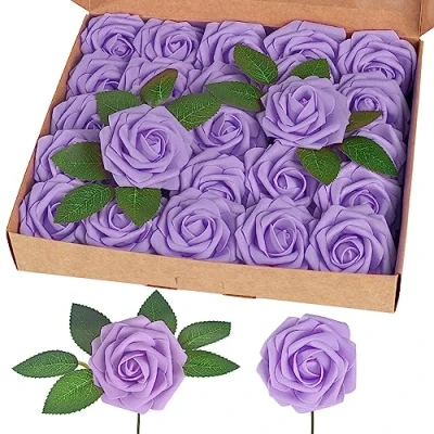 Image of homEdge Artificial Rose, 25pcs Foam Flowers with Stem for Home Decorations, Wedding Bouquets, Party, Certerpieces, Anniversaries Lilac