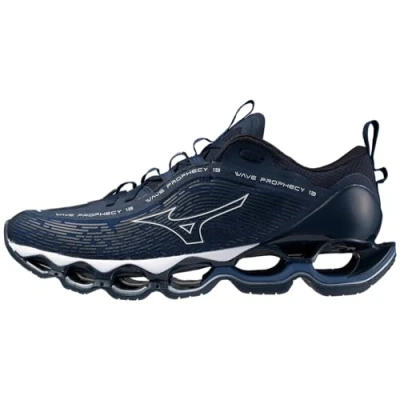 Image of Mizuno Mens Wave Prophecy 13 Running Shoe, Navy Peony/White, 11 UK
