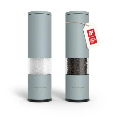 Image of LARS NYSØM Salt and Pepper Mills Set Stainless Steel with Adjustable Ceramic Grinder 2 Pieces I Design Spice Manual (Sky Blue)