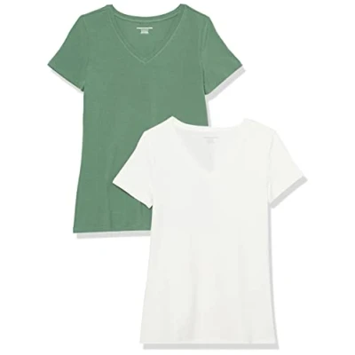 Image of Amazon Essentials Women&#039;s Classic Fit Short Sleeve V Neck T Shirt, Pack of 2, Sage Green/White, XS