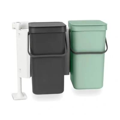 Image of Brabantia Sort &amp; Go Waste Bin 2x12L Double Built in Recycling Stay Open Lid Carry Handle Easy to Clean Dual for Kitchen Cupboards Dark Grey/Jade Green 52 x 35 43 cm
