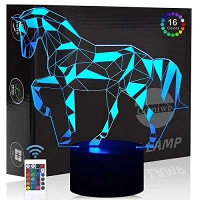 Image of Comiwe Horse (A) 3D Illusion Night Light Toys,16 Colours Change Smart Touch &amp; Remote Control,Home Decor LED Bedside Table Desk Lamp,Christmas Birthday Gift for Girls Boys Kids Adults Friends Family