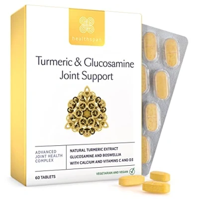 Image of Healthspan Turmeric &amp; Glucosamine Joint Support 60 Tablets Bone Health Added Vitamin C, D3 Calcium 30mg Boswellia Serrata Extract Sustainably Source Vegan