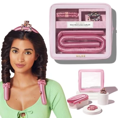 Image of SILKE Heatless Curlers Headband 100% Luxurious Curls Silk Hair No Heat Big Bounce, Effort Curler Easy &amp; Effortless (Pink)