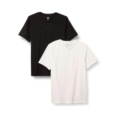 Image of Amazon Essentials Men&#039;s Slim Fit Short Sleeve Cotton Henley T Shirt, Pack of 2, Black/White, XS