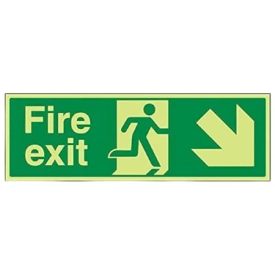 Image of V Safety Glow In The Dark Fire Exit Arrow Down Right Sign 450mm x 150mm Rigid Plastic
