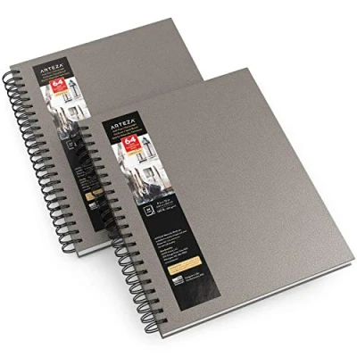 Image of Arteza Premium Watercolour Sketchbook, 22.9x30.5 cm, 2 Pack, 64 Sheets, 300gsm Paper Pad, Grey Hardcover Journal, Spiral Bound, Art Supplies for Techniques and Mixed Media