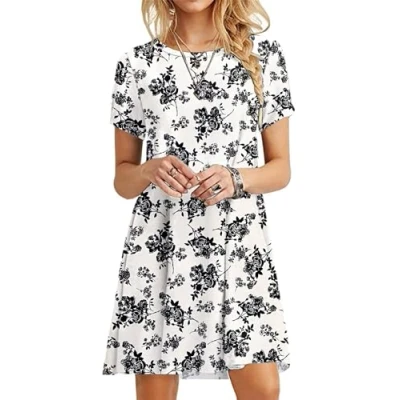 Image of MOLERANI Summer Dresses for Women UK Round Neck Casual T Shirt Dress Short Sleeve Ladies Beach Floral Black White M