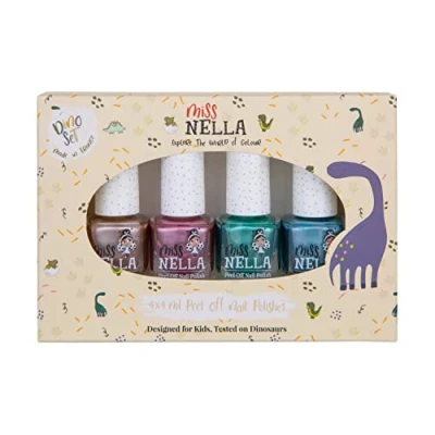 Image of Miss Nella Dino COLLECTION 4 Chrome Nail Polish set Sweet osaurus coper, Diplodo kiss pink, Rawr some blue, rific green, Peel Off kids