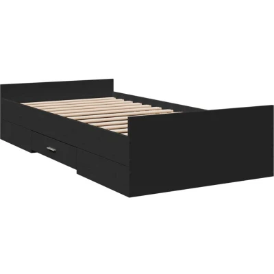 Image of vidaXL Engineered Wood Bed Frame with Drawers Black, 100x200 cm Sturdy Plywood Slats &amp; Ample Storage Space, Modern