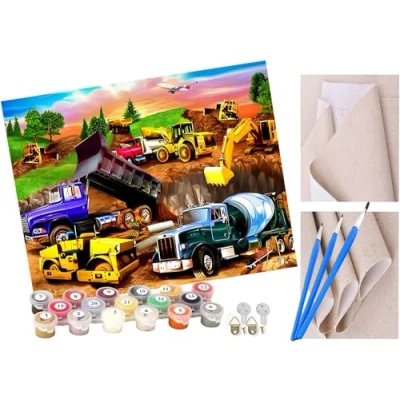 Image of ToeTs Paint by Numbers for Adults and Kids Beginner Kits with Brushes Acrylic Pigment DIY Canvas Painting Busy construction vehicle car art 16 x 20 inch Hand painted toy gifts