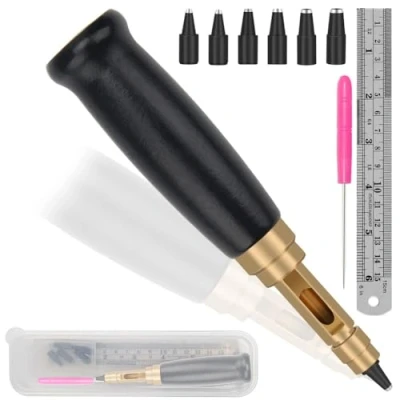 Image of Jrpzcv Adjustable Screw Punch, 6 Tip Sizes Belt Hole Puncher, Wood Handle Leather Punch Tool for Sewing Black