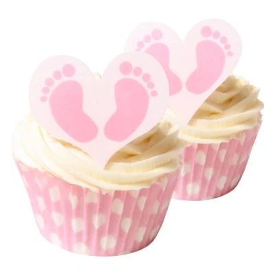 Image of 12 Edible Pre Cut Wafer Heart Cake Toppers with Fabulous Pink Polka Dot Cases: Baby Girl Feet