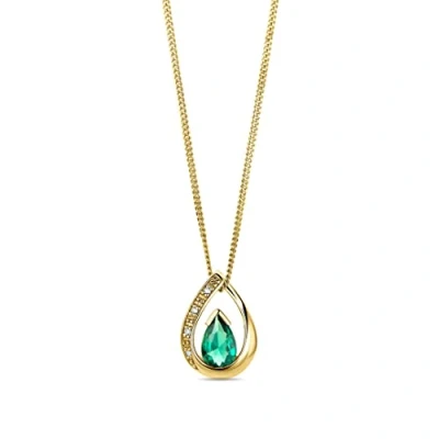 Image of MIORE pear shape 9 ct yellow gold necklace for women with May birthstone green Emerald of 0.30 carat and 4 natural white diamonds, Crystal pendant on curb chain 45 cm