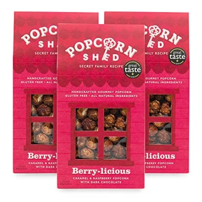 Image of 3 x Berry Licious 80g Gourmet Popcorn Shed&#039;s Chocolate and Raspberry Fruit Gift, Pack of