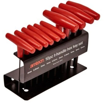 Image of Amtech I9070 T Handle Hex Key Set, Sizes 2, 2.5, 3, 4, 4.5, 5, 5.5, 6, 8 and 10mm, 10pcs Corrosion Resistance Carbon Steel Keys